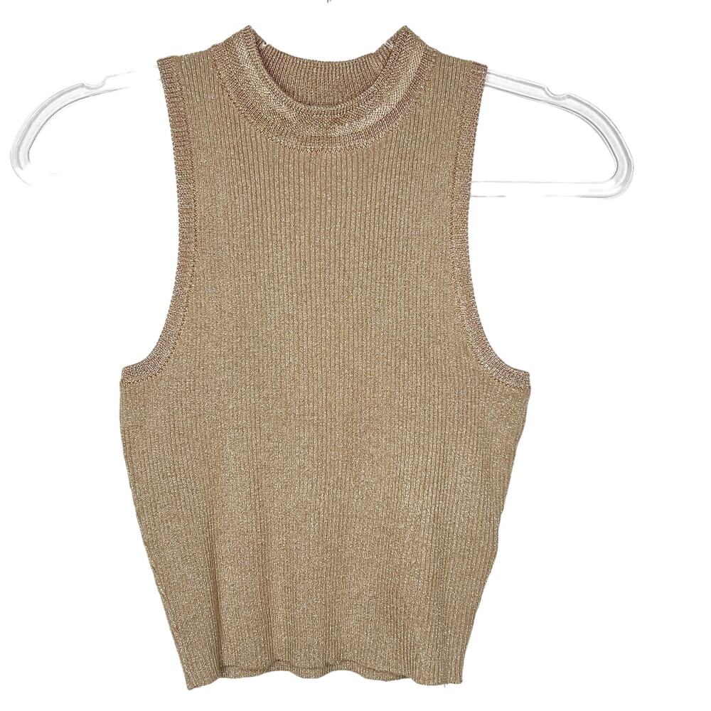 TOPSHOP Metallic Cropped Mock Neck Tank Sweater Pullover Wool Blend Gold Size 8
